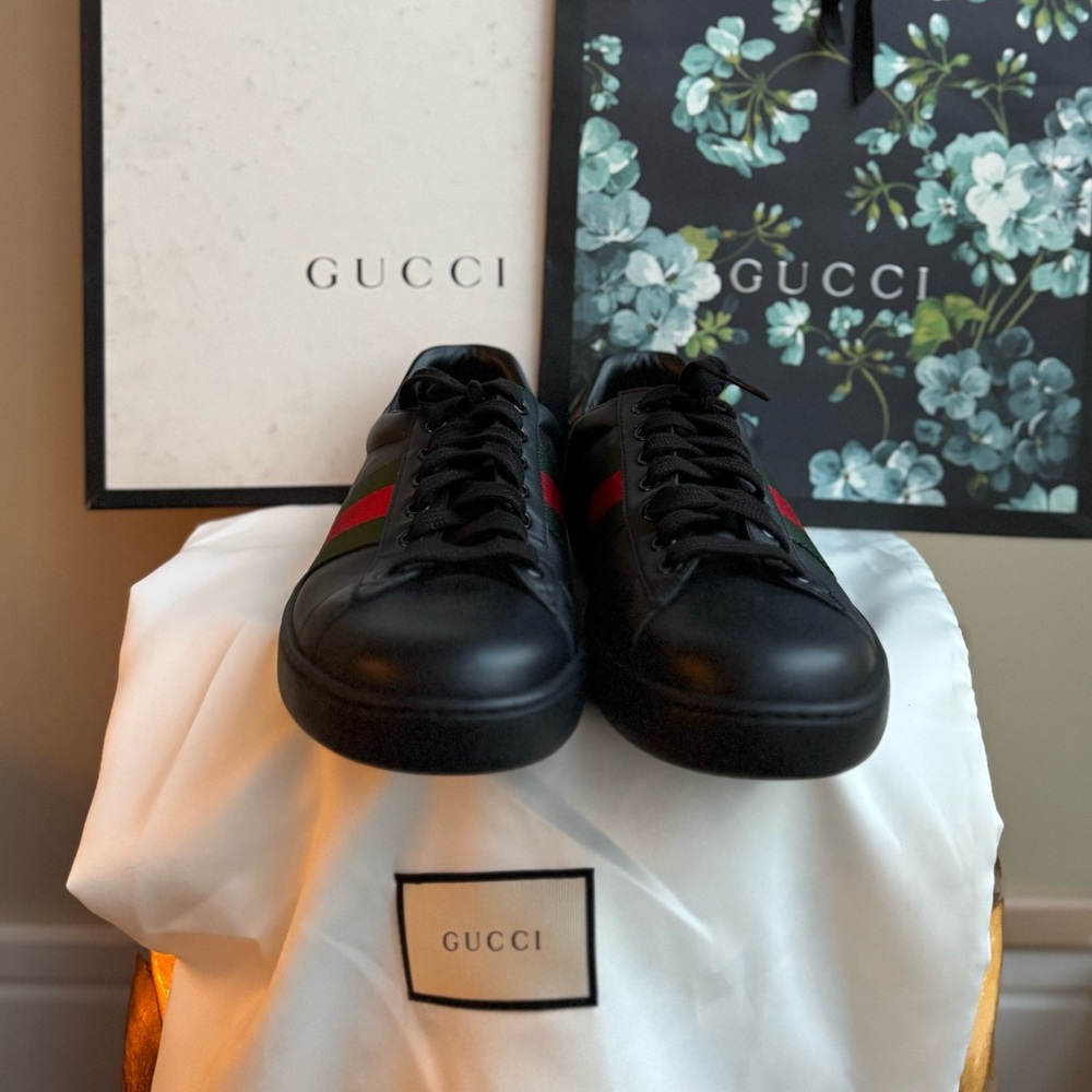 NWT Gucci Ace Black Leather Sneakers with Red and Green Stripe, Size Men’s 8.5-9 - Picture 10 of 14